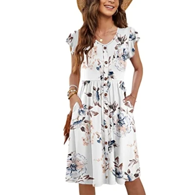 Imagen de MOLERANI Ropa De Verano Femenina Manga Lateral Volantes Cuello V Balanceo Casual Cintura Elástica Bolsillo Vestido Midi Flores Rojas M