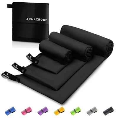 Imagen de ZENACROSS Toalla Gimnasio (Juego de 3) con Bolsa Transporte Microfibra Secado Rápido y Versátil Toallas Tallas S, M, L Negro