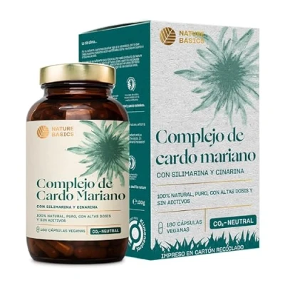 Imagen de Nature Basics® cápsulas de Cardo Mariano altamente dosificadas 180 con 80% silimarina y 2,5% cinarina 900mg por dosis diaria probadas en laboratorio, sin aditivos neutras CO2