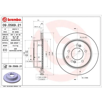 Imagen de BREMBO 09.D569.21 Disco de freno 307 20 5 ventilación interna revestido SSANGYONG: Rodius I