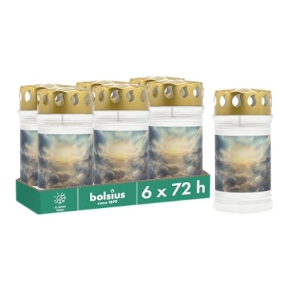 Imagen de Bolsius Luz para tumba con diseño cielo Juego de 6 unidades Duración combustión 3 días Vela luto y memorial velas Quema limpia Sin aceite palma