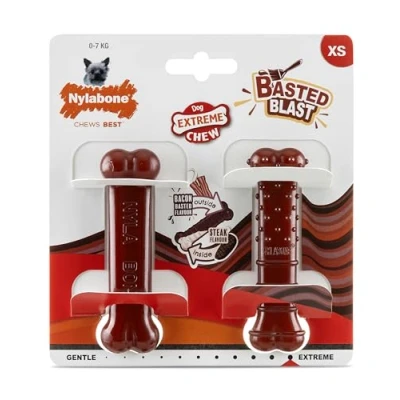 Imagen de Nylabone, Basted Blast, Masticable, Juguete de Nylon, Forma Hueso, Sabor Bacon y Filete, Extra pequeño, para Perros hasta 7 kg, Pack 2