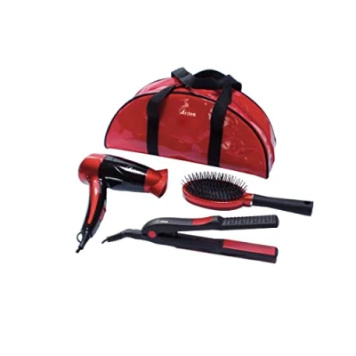 Imagen de ARDES Kit de Viaje para Mujer Bolsa Neceser Portátil con Belleza Mini Secador pelo Plegable + Plancha Cepillo Color Rojo