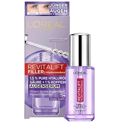 Imagen de L&#039;Oréal Paris Sérum para ojos con 1,5% de ácido hialurónico y 1% cafeína un área radiante los ojos, aplicador bola refrigeración, suero Revitalift Filler, 1 x 20 ml