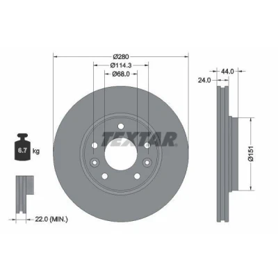 Imagen de TEXTAR Disco de freno 24mm 05/07 114,3mm ventilación externa revestido 92346803 402066LA0A,402062072R Discos freno,