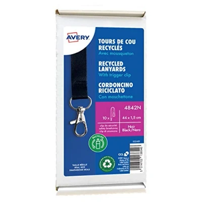 Imagen de AVERY Caja de 10 cintas recicladas negras con mosquetón. 44 cm largo x 1,5 ancho. (4842N)