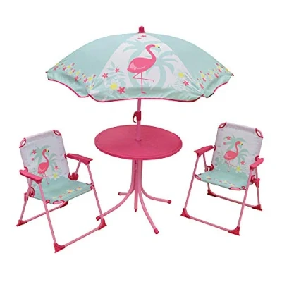 Imagen de Fun House 713088 Flamant Rose Muebles De Jardín Con Mesa, 2 Sillas Plegables Y Sombrilla Para Niños.