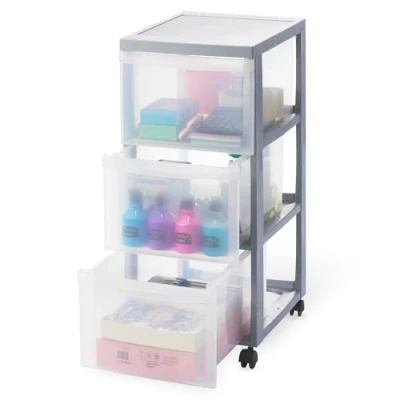 Imagen de Iris Ohyama Unidad de almacenamiento plástico con ruedas y 3 cajones profundos, Plata, asas fácil extracción, multiusos, A4, A5, para oficina, hogar, escuela, Torre, Organizador, DC 303