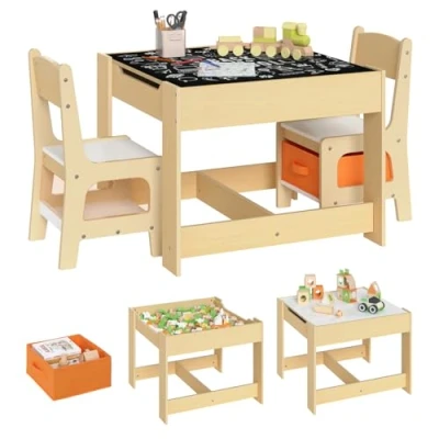 Imagen de WOLTU 3 uds. Grupo de Asientos para Niños Mesa y 2 Sillas con Espacio Almacenamiento Juegos en Edad Preescolar Muebles SG002