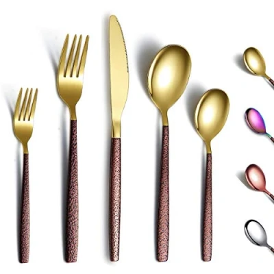 Imagen de Berglander Juego de cubiertos 30 piezas con mango superficie lunar y cabeza dorada brillante revestimiento titanio, cuberteria modernos acero inoxidable utensilios