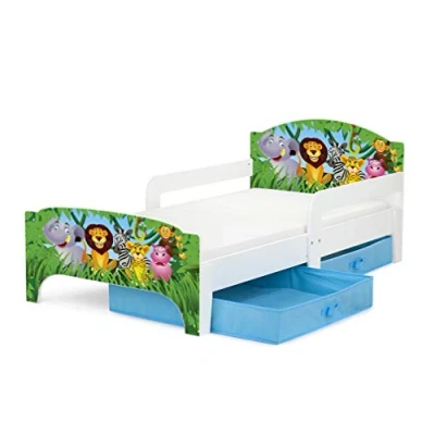 Imagen de Leomark Smart Cama Infantil de Madera Zoo Marco Cama, Colchón y Cajón, robustro Cómodo Dormitorio Impresa, Muebles para Niños, Espacio Dormir: 140/70 cm