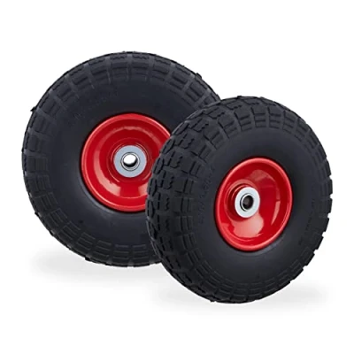 Imagen de 4 Ruedas de Carro, Antipinchazos, Macizas, 4.10/3.50 4&quot;, Eje 16 mm, hasta 150 kg, 260x85mm, Negro y Rojo