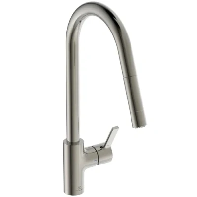Imagen de Ideal Standard Gusto Mezclador monomando para fregadero de cocina, caño alto tubular con ducha mano ajustable y extraíble dos funciones, Silver Storm