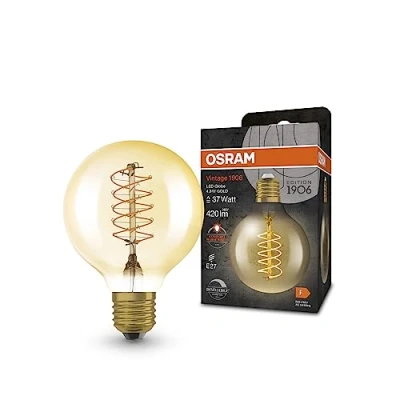 Imagen de OSRAM Lámpara LED Vintage 1906 dorada, 4.8W, 420lm, bola 80 mm, casquillo E27, luz cálida, filamento espiral, regulable, 15,000 horas de vida
