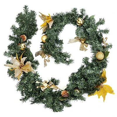 Imagen de BELLE VOUS Guirnalda Navidad Arbol Pino Artificial Verde 1,8 m con Piñas de Pino, Flor Pascua Dorada, Bolas, Bayas y Lazos Guirnaldas Navideñas Decorar Interiores en el Hogar Bodas