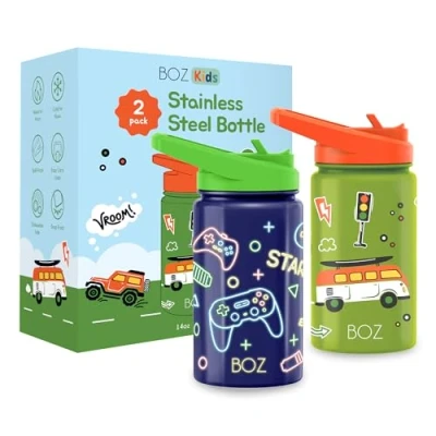 Imagen de BOZ Botella Agua Niños con Pajita Acero Inoxidable 414 ml, Térmica Aislamiento Doble Pared Sin BPA, Isotérmica Antiderrame Asa (Paquete de Dos, Juego/Coches)