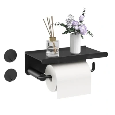 Imagen de Portarrollos Papel Higienico, Portarollos Higienico Adhesivo con 2 Ganchos, Soporte Sin Taladro Adecuado para baños y cocinas (Negro)