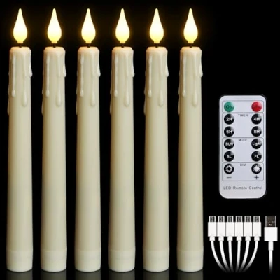 Imagen de FREEPOWER Juego de 6 velas LED recargables con mando a distancia y temporizador, luz blanca cálida, cable USB tipo C, plástico, 2 x 21 cm