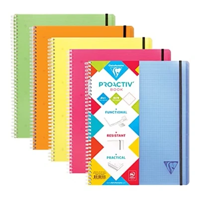 Imagen de Clairefontaine 328175C Libreta Linicolor Proactiv&#039;Book 22, 5 x 29, 7 cm, 160 páginas, cuadrícula pequeña con marco, perforada 4 agujeros + 1 funda clasificadora, tapa aleatoria