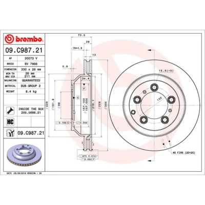Imagen de BREMBO 09.C987.21 Disco de freno 330 28 5 ventilación interna revestido altamente carbonizado con tornillos