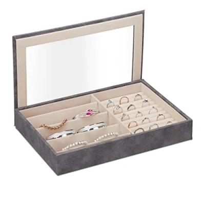 Imagen de Relaxdays Joyero Efecto Piel, Funda de Terciopelo, Caja Joyas con Ventanilla, 5 x 30 21 cm, Soporte Anillos, Gris, Poliéster