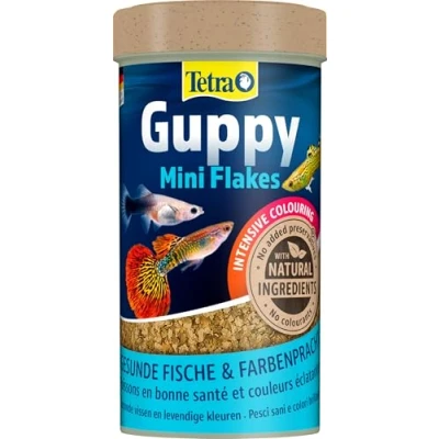 Imagen de Tetra Guppy Mini Flakes comida equilibrada y rica en nutrientes para guppys, lata 250 ml