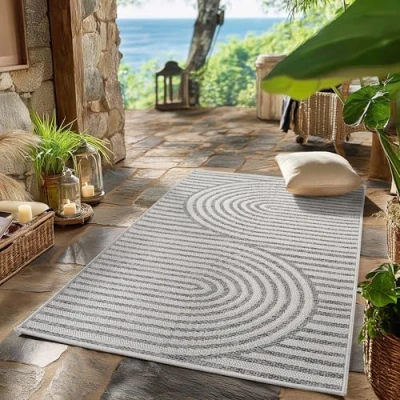 Imagen de SIMPEX Alfombra de Exterior Gris 80x150 cm, para la Cocina, el balcón, terraza, diseño Boho escandinavo