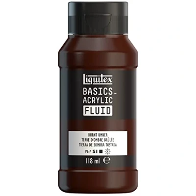 Imagen de Liquitex Basics Fluid Pintura acrílica de consistencia fluida, secado rápido, resistente a la luz, impermeable, acabado satinado permanente, bote 118 ml, tierra sombra tostada
