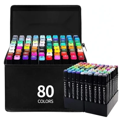 Imagen de Home Markt24 Rotuladores de alcohol doble cara, juego 80 unidades + bolsa, alta pigmentación, resistente al agua, duradero, perfecto para artistas y libros colorear