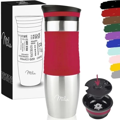 Imagen de Milu Taza aislante de café y té para llevar 370ml 450ml 100% a prueba fugas acero inoxidable beber vaso aislamiento al vacío Caliente frío (Rojo, 450ml)