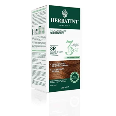 Imagen de Herbatint Gel colorante permanente 3 dosis, 300 ml 8R Rubio claro cobrizo, sin amoniaco, para pieles sensibles, cobertura 100% de cabellos blancos, con 8 extractos naturales biológicos