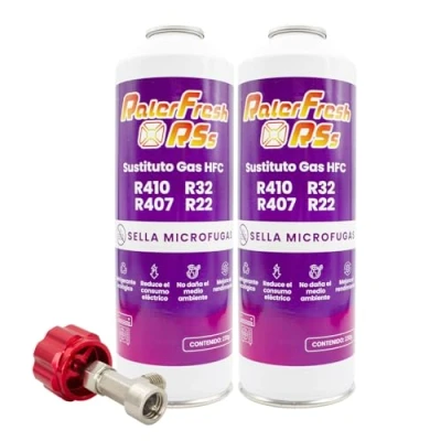 Imagen de Gas Refrigerante Ralerfresh RS Sustituto de R410, R32, R407 y R22 Recarga Organico para Aire Acondicionado Split Ecologico Eficiente Rapida (2 Botellas RSs + Llave)