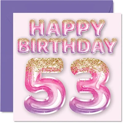 Imagen de Stuff4 Tarjeta de cumpleaños número 53 para mujer, globos purpurina rosa y morada, tarjetas feliz mujer años, mamá, niñera, abuela, tía, 145 mm x mm,