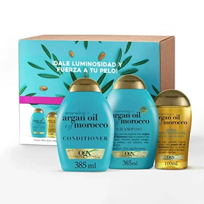 Imagen de OGX Renewing Argan Oil of Morocco Rutina, Set de champú (1x385 ml), mascarilla (1x168 g) y aceite para el pelo (1x100 ml) cabello seco dañado, gama con argán