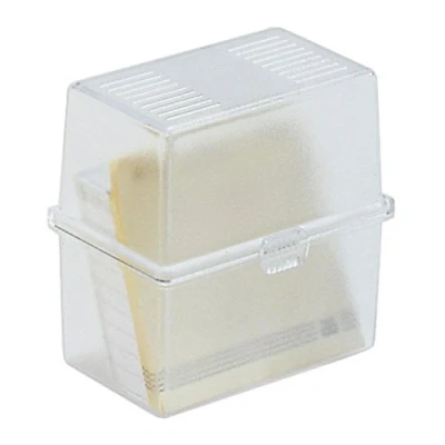 Imagen de Exacompta Ref 50631D Caja de notas oficina, tamaño 49 x 88 77 mm, apto para tarjetas visita A8, cierre a presión, 100 A8 e índice suministrados, transparente