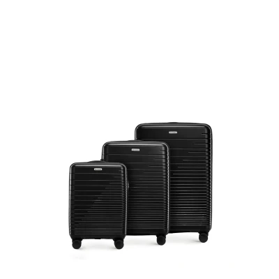 Imagen de WITTCHEN FUERTA Line Juego de 3 Maletas Equipaje rígido Maleta expandible Polipropileno con Rayas Brillantes 4 Ruedas Dobles Asa telescópica Cerradura TSA Talla (S+M+L) Negro