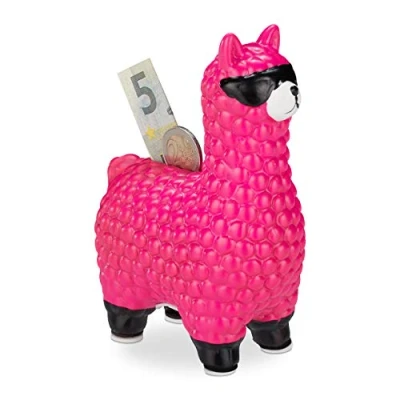 Imagen de Relaxdays Hucha Llama con Gafas de Sol, Cerámica, Rosa, 15,5 x 11 6 cm