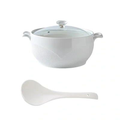 Imagen de NNYCC Sopera con Tapa de Vidrio y Cuchara, Tazón Sopa Porcelana para Servir Mesa Cocina,Blanca,L