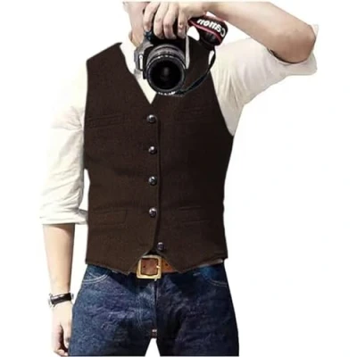 Imagen de Solovedress Traje de espiga lana casual para hombre, chaleco con cuello en V, tweed novios boda, café, XS