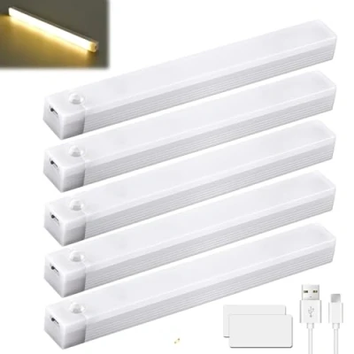 Imagen de lámpara de cocina LED 20 cm, 5 unidades iluminación para armario, inalámbrica con detector movimiento, recargable por USB, armario 3 temperaturas color, regulable, barra