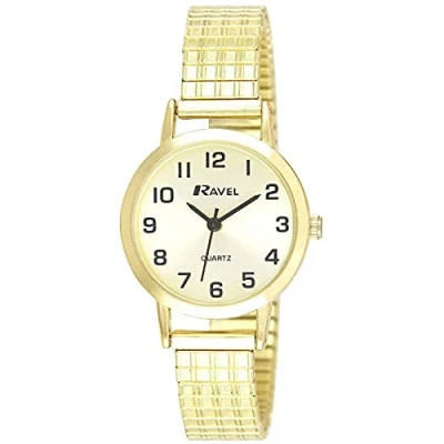 Imagen de Ravel Reloj Tradicional Unisex con Esfera de Números Claros Correa Extensible Tono Oro/Esfera champán
