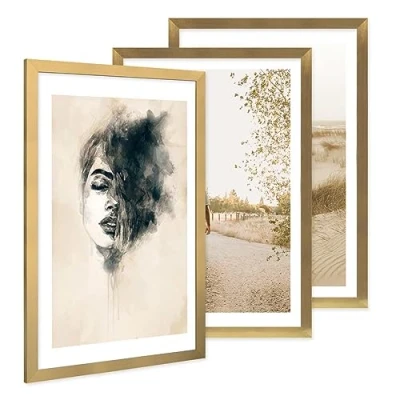 Imagen de PHOTOLINI Marco 40x60 cm oro madera MDF, set de 3 marcos anchos, moderno, cristal acrílico sólido, para colgar, accesorios adicionales una decoración elegante su pared