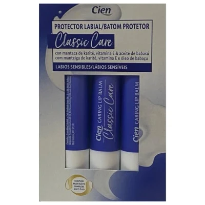 Imagen de Cien Protector Labial Classic Care 14,4 Gr. (3 x 4,8 gr) con Manteca de Karité, Vitamina E y Aceite Babasú. Labios sensibles