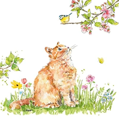 Imagen de 20 servilletas con diseño de gato observado en herrerillo, decoración mesa, decoupage, técnica servilletas, 33 x cm
