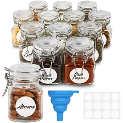 Imagen de BELLE VOUS Pack de 12 Tarros Cristal Herméticos para Especias con Tapa Abatible 120 ml Recipientes Reutilizables Etiquetas, y Embudo Cocina, Alimentos, Especias, Hierbas Harina
