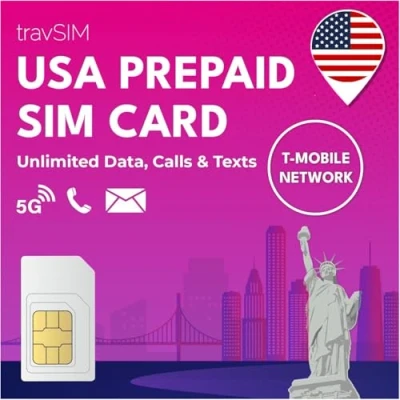 Imagen de travSIM Tarjeta SIM USA Red T Mobile 50GB de Datos a velocidades 4G/5G para Tiene Llamadas y Textos Nacionales ilimitados 21 días