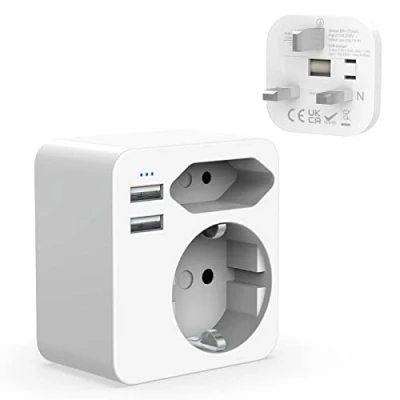 Imagen de Hoppac Adaptador Enchufe Europeo y Schuko a Reino Unido con 2 USB 2.4A, EspañOl Ingles para Irlanda, Inglaterra, Tipo G