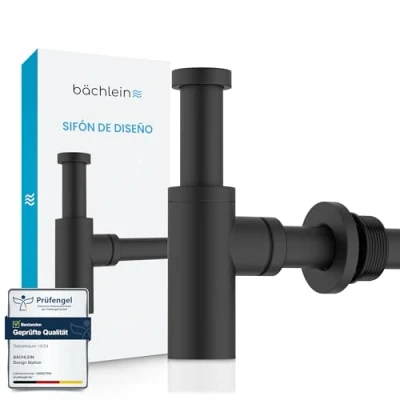 Imagen de Bächlein Sifón Universal de Diseño Negro Mate para Lavabos y Lavamanos Set Desagüe Trampa con Abertura Limpieza + Instrucciones Instalación Diseño, Tubería