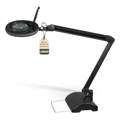 Imagen de Lumeno lámpara de aumento LED 7218SW, lente cristal 127 mm, trabajo, cosmética, adecuada para cosméticos, aficionados, ayuda a la lectura, 8 dioptrías negro con trípode mesa