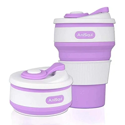 Imagen de AniSqui taza de café plegable silicona con tapas (350ml, a prueba fugas, sin BPA, reutilizable, café, portátil